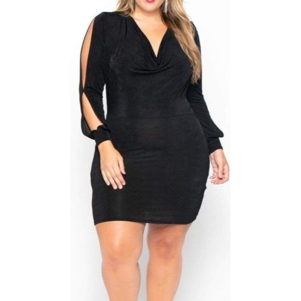 New Curvy Sense Allie Women's 2X Black Jersey Split Long Sleeve Cowl Mini Dress‎